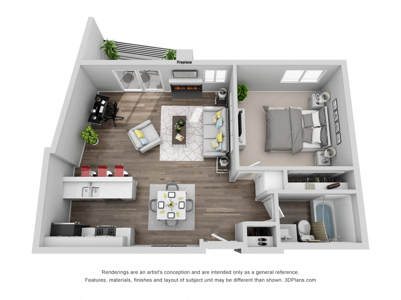 Floor plan for 1 bed, 1 bath, 771 sqft